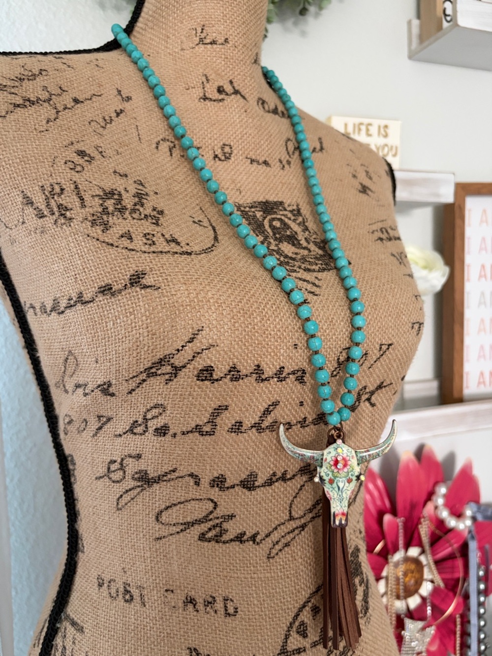 Turquoise Beaded Cow /Bull Skull Pendant Necklace with Brown Tassel - Picture 2 of 5